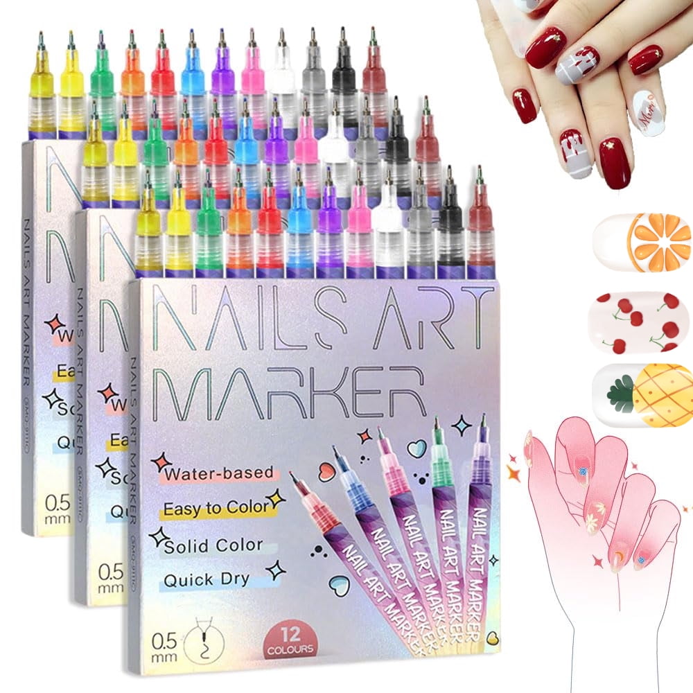 Nail Art Markers for Gel Nails 12 Colors Nail Art Pens Set,2025 DIY Nail Art Marker Drawing Painting Liner Pen for Home Salon,Quickly Dry Nail Art Nail DIY Decoration (36 Colors)