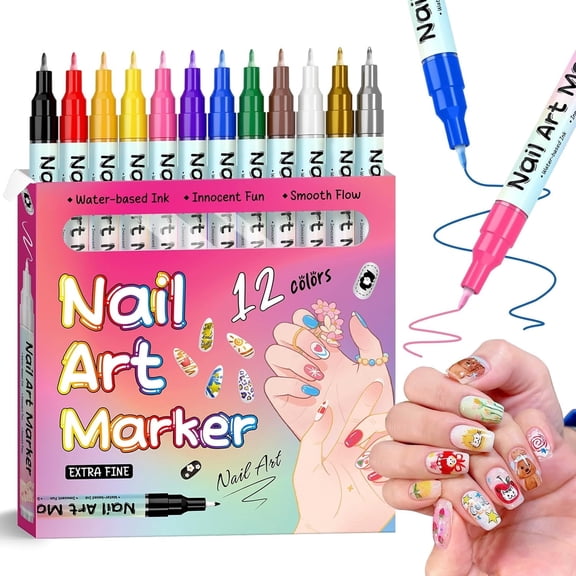 Nail Art Pen Set, Waterproof & Quick-Dry, 0.5mm Fine Tip, DIY Nail Drawing & Painting Markers(12 Color)