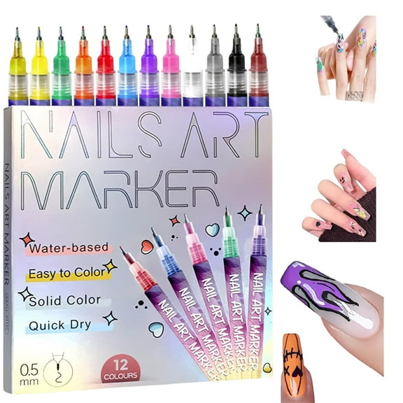Nail Art Pens, 12 Color Nail Art Markers Set with Fine Tip, Quick Dry Nail Polish Markers for DIY Nail Design Drawing, Professional Nail Doodle Pens for Home Salon Manicure