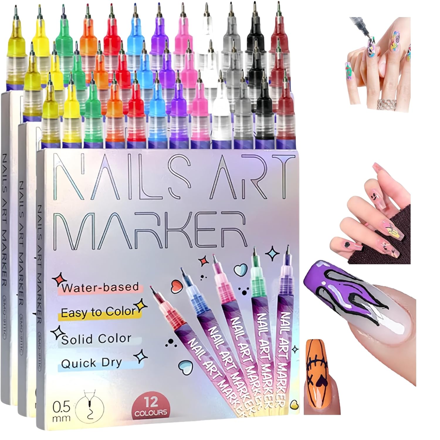 Nail Art Pens, 12 Color Nail Art Markers Set with Fine Tip, Quick Dry Nail Polish Markers for DIY Nail Design Drawing, Professional Nail Doodle Pens for Home Salon Manicure