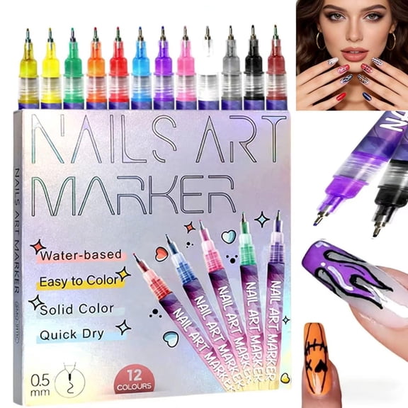 Nail Art Pens Markers Kit - 12 Colors 3D Nail Polish Art Pens Set Design Tools for Girls Women Kids Beginners DIY Painting Nails, Drawing Painting Liner Brush Quick Dry 0.5mm