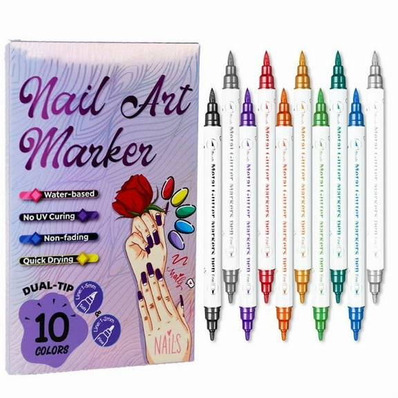 Nail Art Pens,Nail Art Markers,Double Headed Nail Polish Pens Quick Dry, 10 Colors Nail Art Pens Set, DIY Metallic Paint Nail Art Markers, 3D Drawing Painting Liner Brush for DIY(10pcs/Set)