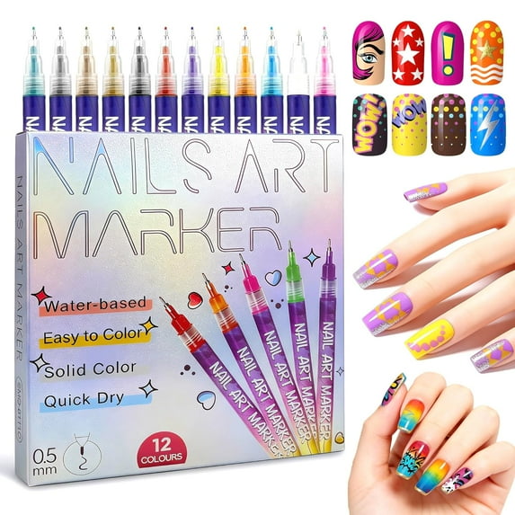 Nail Art Pens Set 12 Colors Nail Art Markers,2025 Nail Polish Pens Drawing Painting Pen for Home Salon,Quickly Dry Nail Art Nail DIY Decoration for Adult(1PC)
