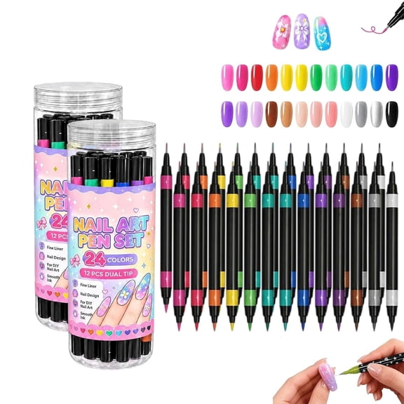 Nail Art Pens Set, 2027 New 24 Colors Dual Ended Nail Art Markers, 2-In-1 Quick-Drying Design for Home Salon, Adults, DIY Nail Art Design(RL)