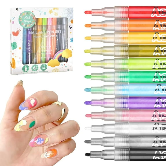 Nail Art Pens for Painting Nails,12 Colors Nail Polish Pens Quick Dry,3D Acrylic Nail Art Markers,Manicure Tools Design Kit for Home Salon