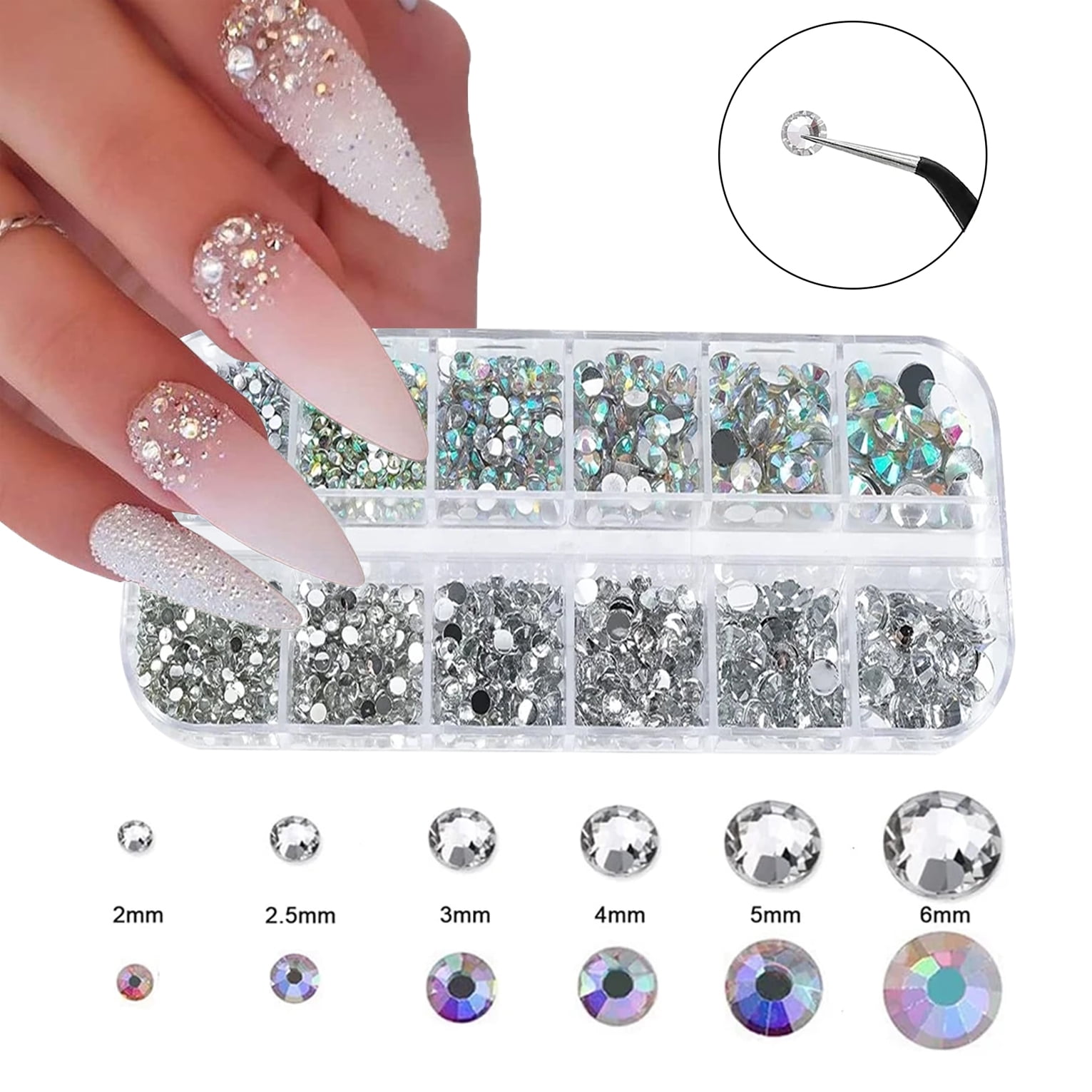 Nail Art Rhinestone Kit - Crystal AB Rhinestone Nail Art Gem with Pickup Tweezers, Manicure Tool for Nails, Clothes