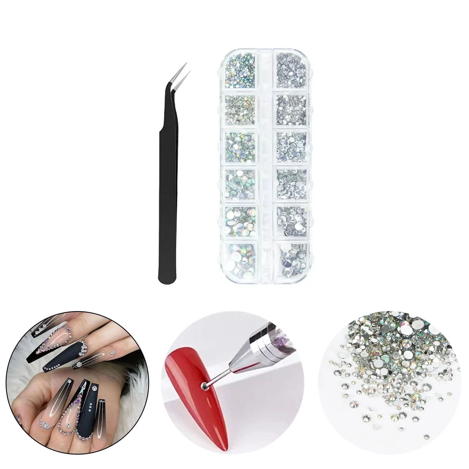 Nail Art Rhinestones Kit - Crystal AB Rhinestones Nail Art Gems with Pick up Tweezers and Rhinestone Picker, Nail Art Tools, Nail Art Supplies Accessories for Home DIY and Professional Use