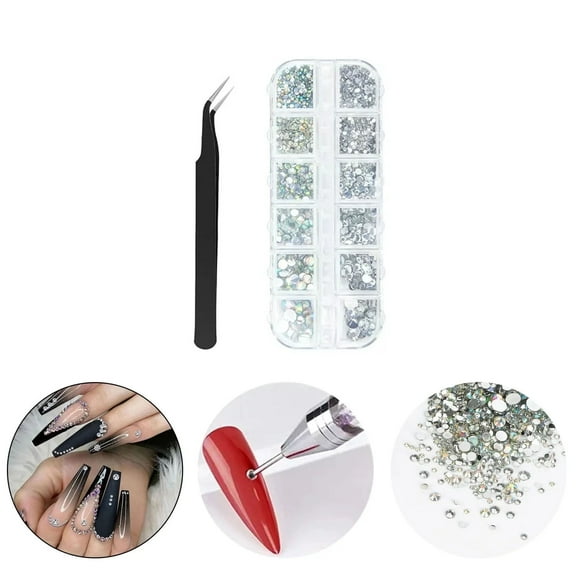 Nail Art Rhinestones Kit - Crystal AB Rhinestones Nail Art Gems with Pick up Tweezers and Rhinestone Picker, Nail Art Tools, Nail Art Supplies Accessories for Home DIY and Professional Use