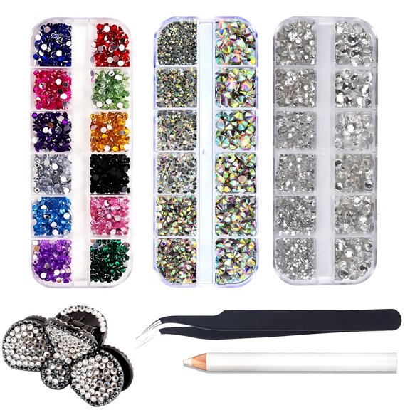 Nail Art Rhinestones Kit, High-Quality K9 Glass, Iridescent Crystal Ab Color, Flatback Rhinestones, Hotfix Iron On, For Crafting & Personalization (3 Box)