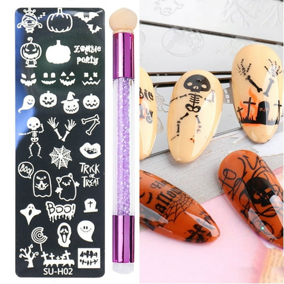 Nail Art Stamping Plate Stamper Sponge Pen Halloween Pumpkin Bats for Image Nail Polish Template Stamp Stencil Tools Kit