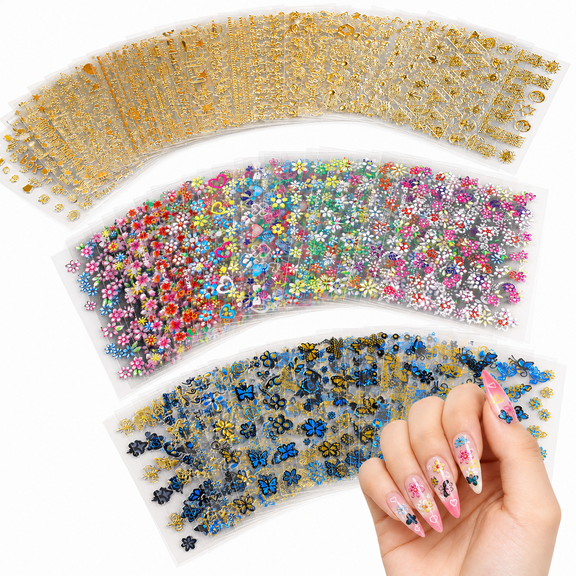 Nail Art Stickers, 90 Sheets Self Adhesive 3D Floral Nail Decals for DIY Manicure, Women and Girls