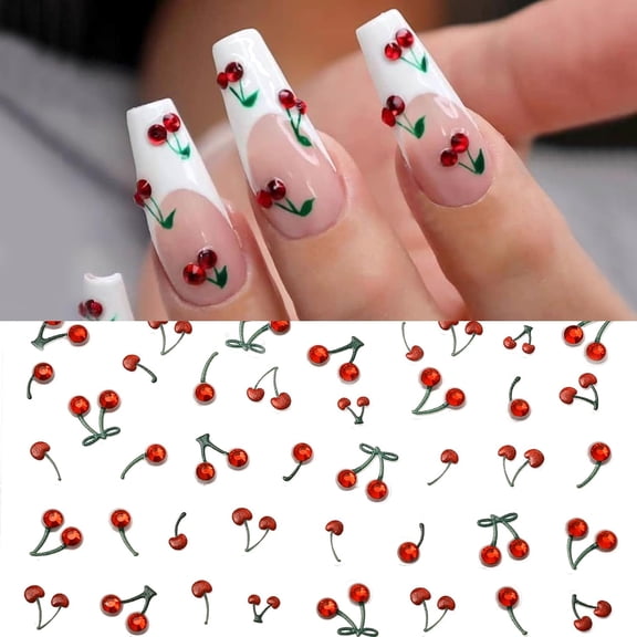 Nail Art Stickers Crystal Cherry Art Nail Sticker Decals, 5D Cherries Nails Rhinestones Charms Fruit Self-Adhesive DIY Design French Tip Nail Decals