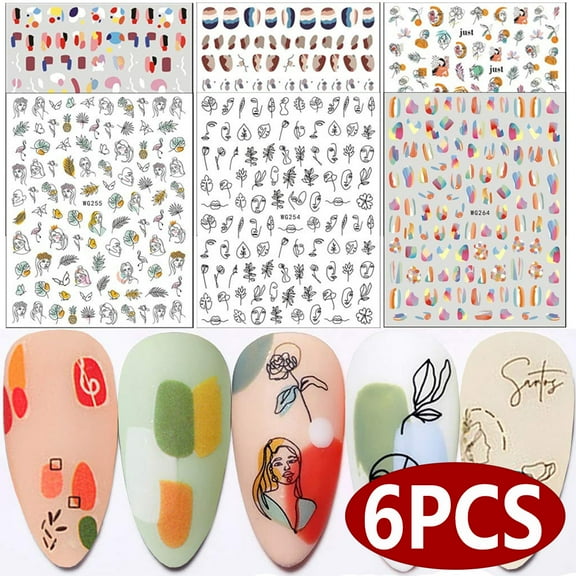 Nail Art Stickers Nail Decals Abstract Lady Face Rose Leaf Nail Design for Women Nail Supplies Decorations, 6PCS