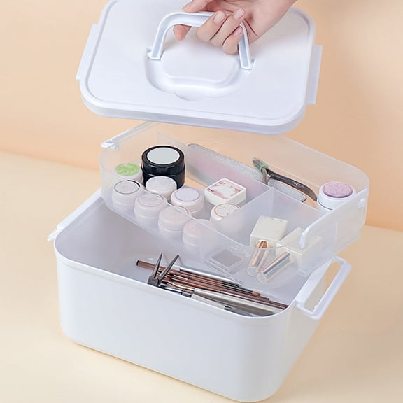 Nail Art Storage Box Double Layer Makeup Organizer with Handle Large Capacity Plastic, Cosmetic Case for Nail Polish, Lipstick, Brushes Desktop Storage for Home, Travel, Salon Professionals