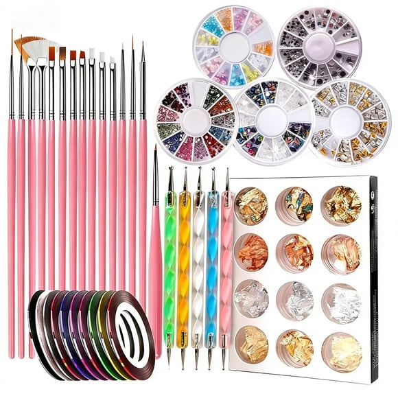 Nail Art Tools Set, ASOVNXF Nail Art Brushes Set, Nail Design Kit, Nail Supplies with 15pcs Nail Painting Brushes, Nail Dotting Tool, Nail Foil, Manicure Tape, Color Rhinestones for Nails Pink