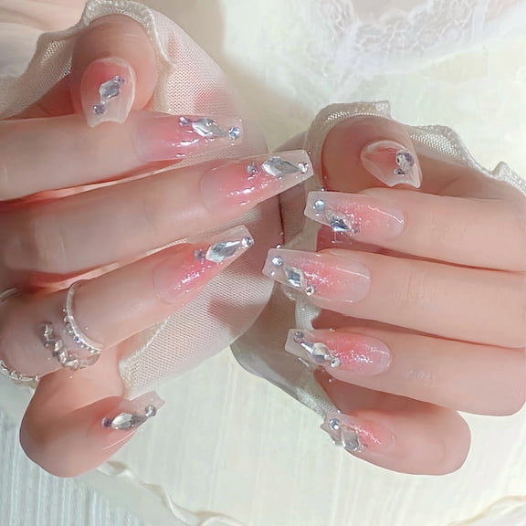 Nail Art Wearing Nail Finished Products Advanced Pure Desire Wind Nail Patch Pink and Shiny Diamond False Nail Patch Wholesale U73
