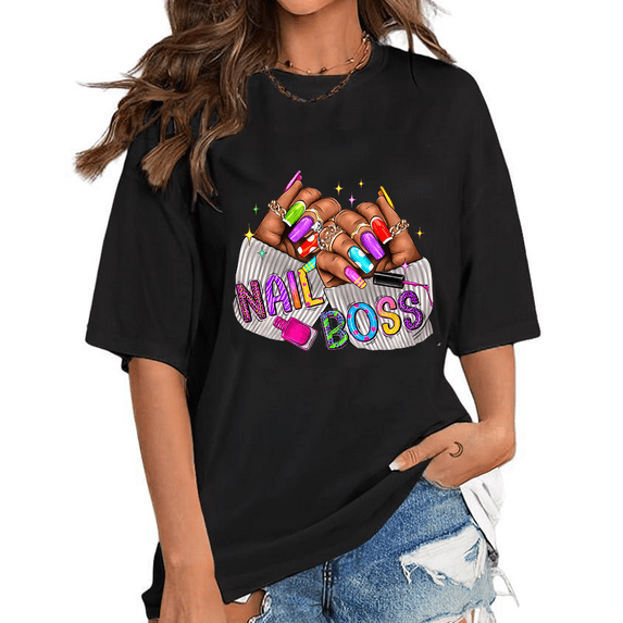 Nail Boss Graphic T Shirt Hand Nail Technician Artists Print Tees Short Sleeve Cotton Tops Black,3XL