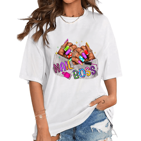 Nail Boss Print Tshirts Hand Nail Technician Artists Graphic Tees Short Sleeve Casual Tops Cotton Shirts White,XL