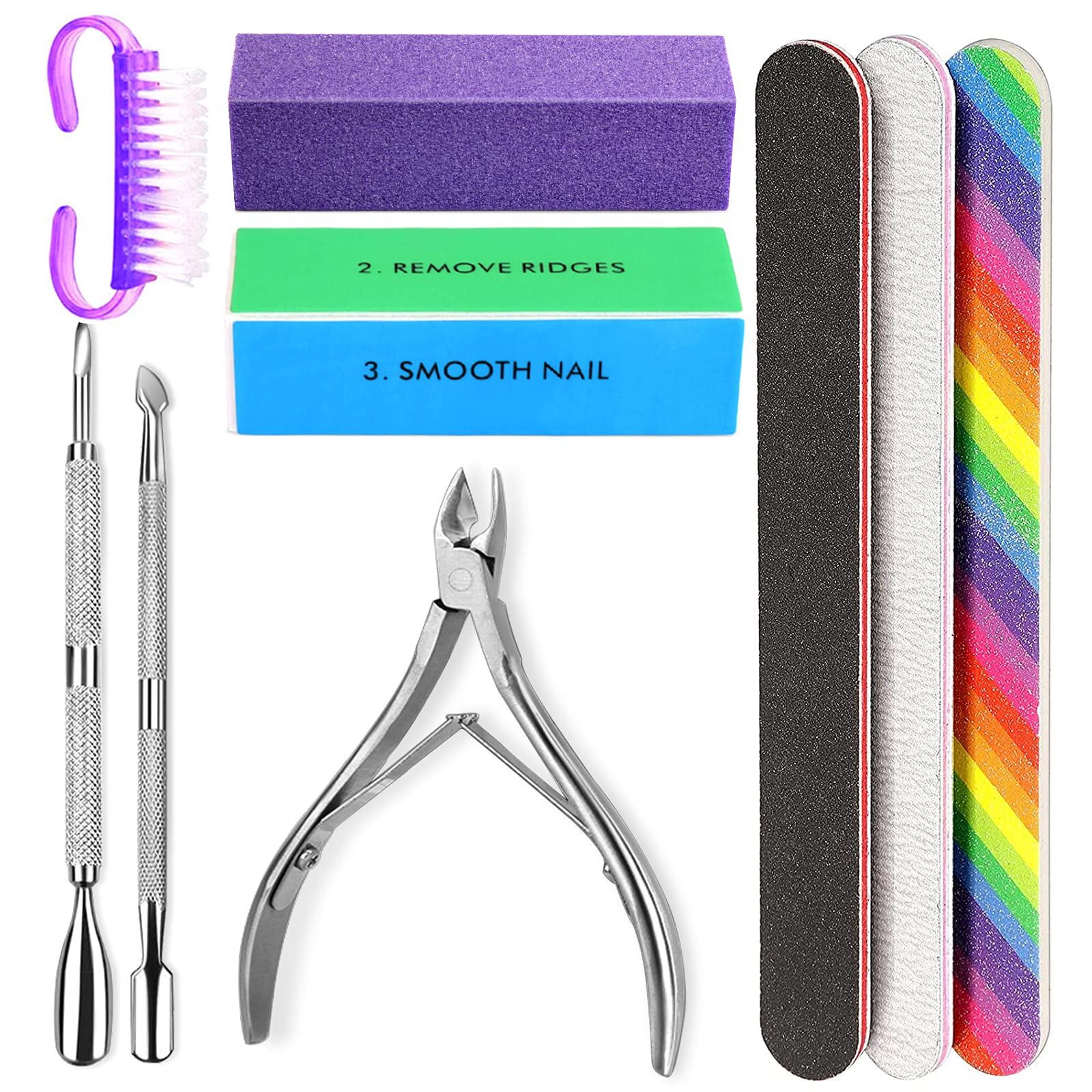 Nail Buffers and Files,CIICII Manicure Tools Kit with 3Pcs File, Buffer, 4 Step Buffing Block, 3Pcs Cuticle Clipper & Pusher, and Nail Brush, Complete Nail Kit with Buffer for Salon Nail Art