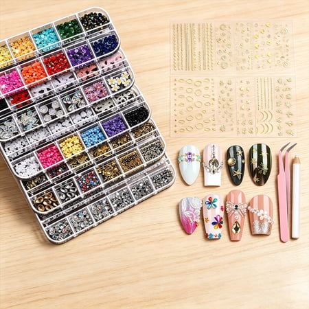 Nail Charms, Nail Gems with 15 Sheets Gold Nail Stickers, 6 Boxes of Rhinestones for Nails Art Tools, 3D Nail Decals Pearls for Nails