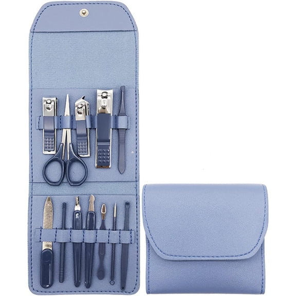 Nail Clipper Set, 12PCS Manicure Set Fingernail Clippers Kit Fashion Color Blue Stainless Steel Pedicure and Manicure Kit with Blue PU Leather Case