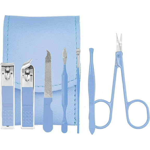 Nail Clipper Set, 7PCS Manicure Set Fingernail Clippers Kit Fashion Color Blue Stainless Steel Pedicure and Manicure Kit with Blue PU Leather Case
