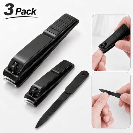 Nail Clipper Set – Black Stainless Steel Fingernails & Toenails Clippers & Nail File Sharp Nail Cutter with Leather Case, Gift for Men and Women, Set of 3