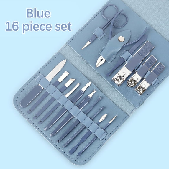 Nail Clipper Set, Manicure Pedicure Kit, 16pcs Stainless Steel Folding Nail Cutter Set with Scissors Cuticle Remover Ear Pick, Portable Lightweight Travel Leather Case Grooming Tools