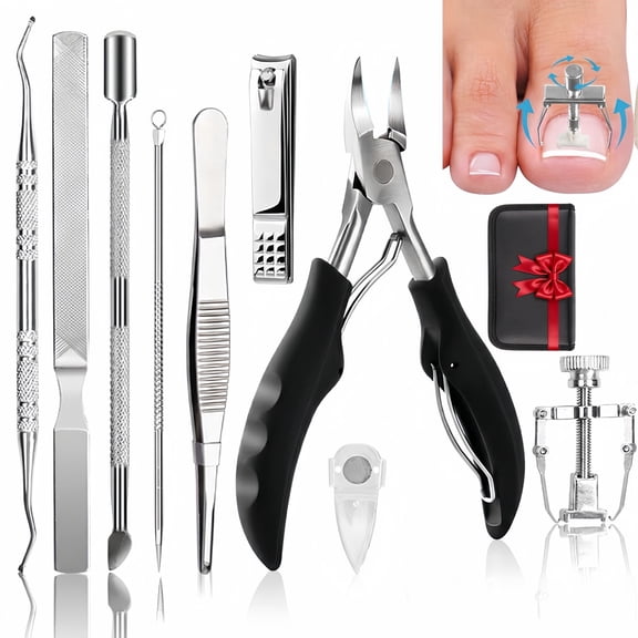 Toenail Clippers Set,ODDPC 10Pcs  Nail Treatment Foot Tool,Includ Nail Clippers,Cuticle Pusher, Sharp Curved Blade Pedicure Tool for Men Seniors
