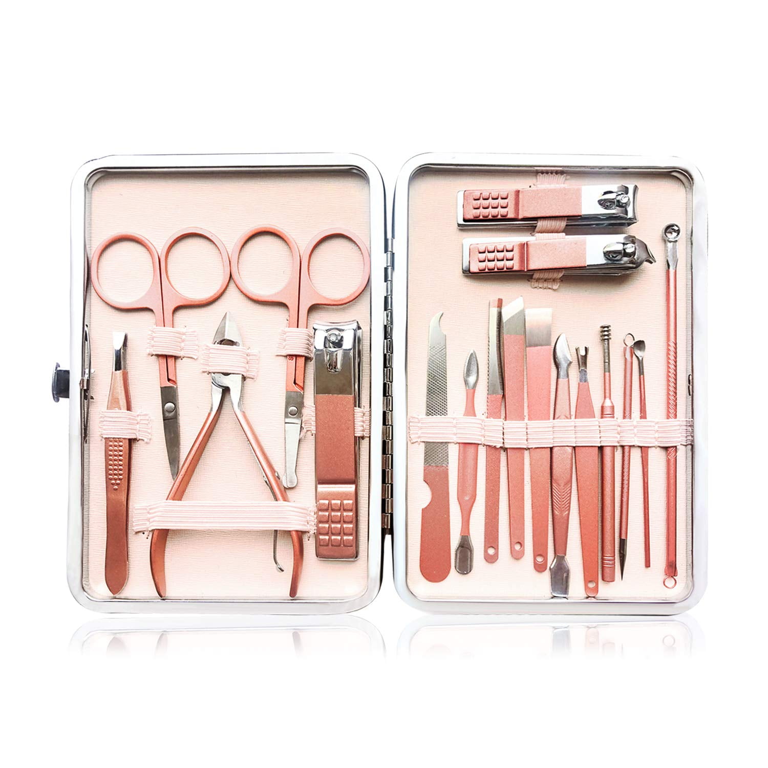 Nail Clippers Set Manicure Pedicure Kit For Woman With Travel Portable Case,Skin Tools Tweezers Cuticle Trimmer Dual-ended Blackhead Remover Professional 18 in 1 Stainless Steel Grooming Kit