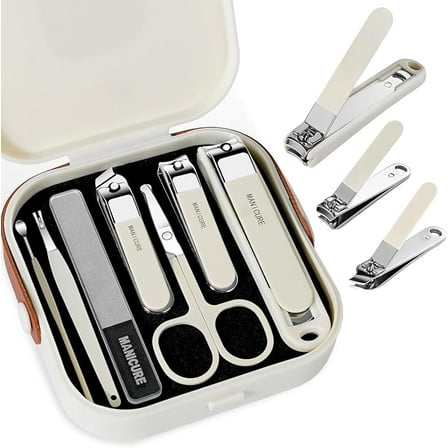 Nail Clippers Set for Men and Women 7 Pieces Stainless Steel Grooming Kits, Fingernail and Toenail Clipper Cutters with Luxurious Travel Case Nail Care Tools Manicure Pedicure Kit, Brown