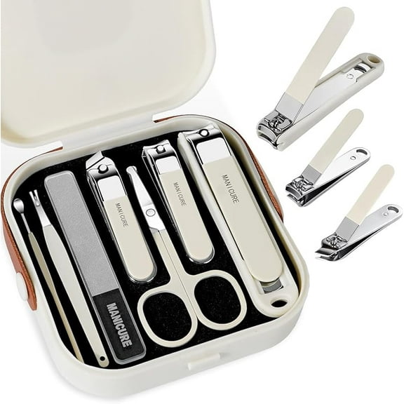 Nail Clippers Set for Men and Women 7 Pieces Stainless Steel Grooming Kits, Fingernail and Toenail Clipper Cutters with Luxurious Travel Case Nail Care Tools Manicure Pedicure Kit, Brown