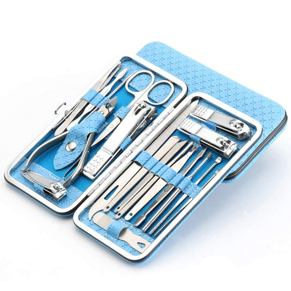 Nail Clippers Set Professional Stainless Steel Pedicure Kit Nail Scissors Grooming Kit Nail Tools Manicure Pedicure Set 19Pcs Portable Travel Case Blue
