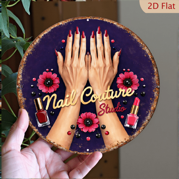 Nail Couture Studio Circular Aluminum Wall Art, Glamorous Manicure Decor, 8x8 Inch Metal Sign for Beauty Salon