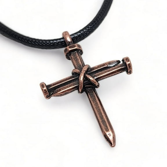 Nail Cross Antique Copper Finish Black Cord Necklace