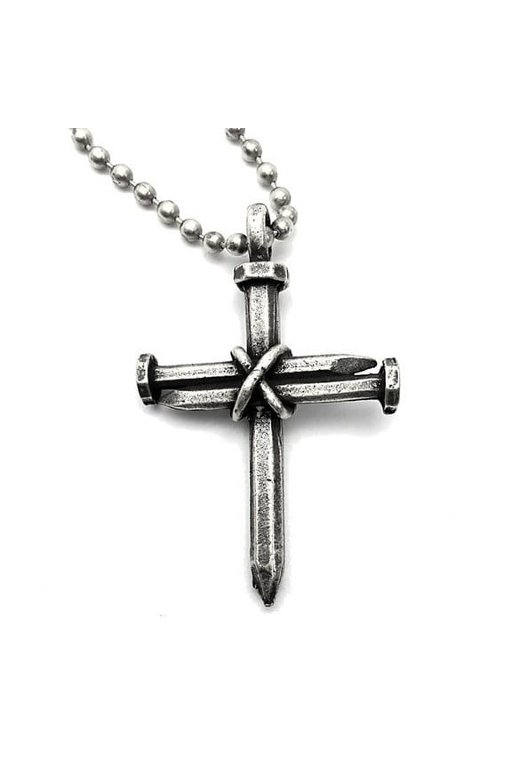 Nail Cross Antique Pewter Silver Ball Chain Necklace