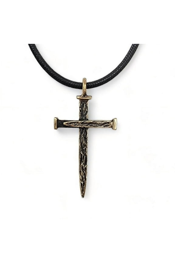 Nail Cross Large Rugged Antique Brass Finish Pendant Black Cord Necklace