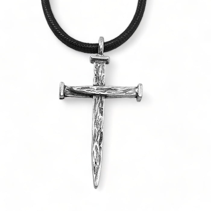 Nail Cross Large Rugged Antique Silver Finish Pendant Black Cord