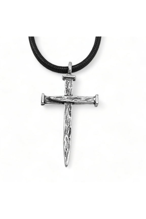 Nail Cross Large Rugged Antique Silver Finish Pendant Black Cord Necklace