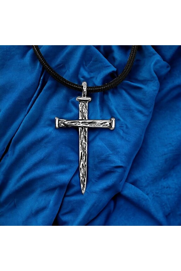 Nail Cross Large Rugged Rhodium Metal Finish Pendant Black Cord Necklace