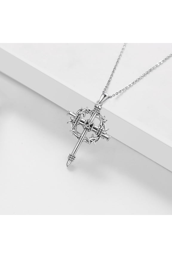 Nail Cross Necklace 925 Sterling Silver Thorns Crucifix Pendant Religious Jewelry Cross Gifts for Men Women