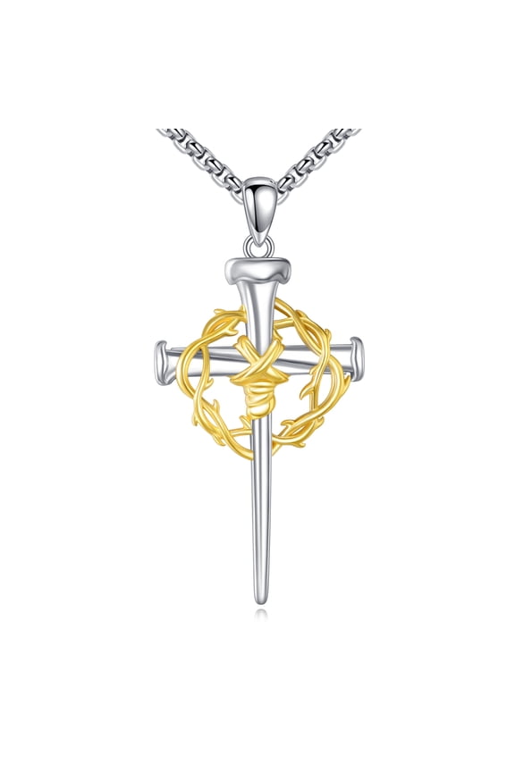 Nail Cross for Men Necklace 925 Sterling Silver 3 Three Nail Cross Pendant Necklace with Thorn Cross Jewelry Gifts for Men