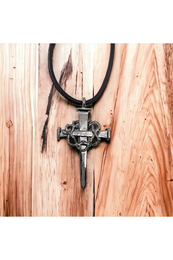 Nail Crown Large Cross Pewter Dark Metal Finish Black Cord Necklace For Men