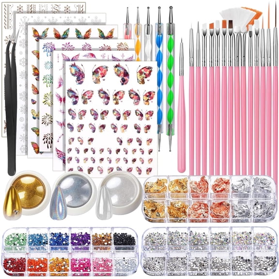 Nail Design Kit, Nail Art Kit, 15 PCS Nail Brushes For Nail Art, Nail Art Tools, Rhinestones For Nails, Nail Stickers, Pearl Chrome Nail Powder, Chrome Powder For Nails, Nail Design Tools