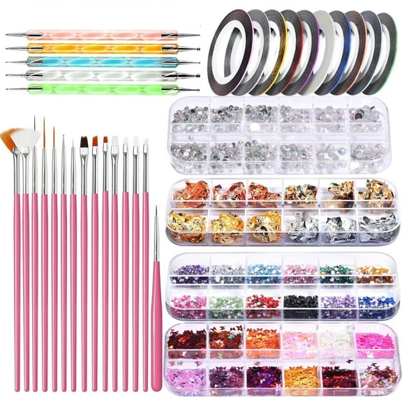 Nail Design Kit, Nail Dotting Tools, Nail Art Brushes, Nail Art Kit for Beginners, Nail Art Rhinestone, Nail Art Foil, Nail Art Striping Tapes