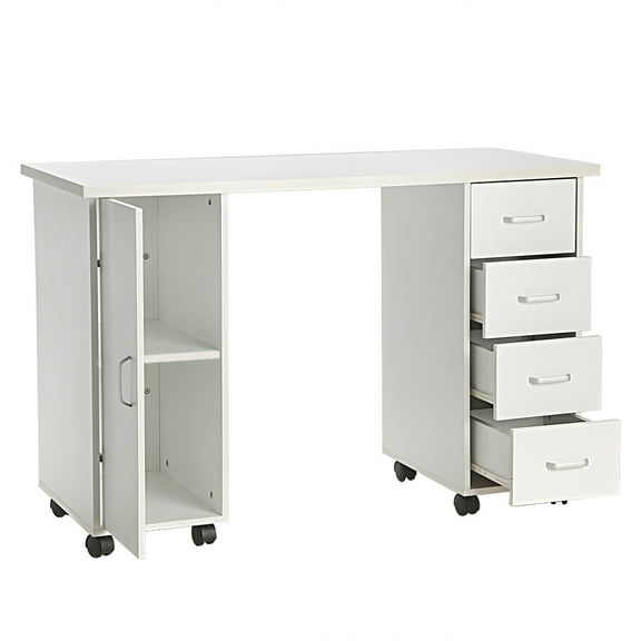 Nail Desk, Nail Table for Nail Tech with Wrist Pad, Manicure Table Computer Desk with Lockable Wheels, White