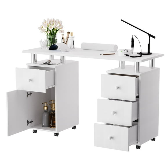 Nail Desk for Nail Tech 47 inch Manicure Table with Drawers/Wrist Pad/Lockable Wheels Acetone Resistant Nail Art Station for Salon Spa Beauty Bar Technician,White