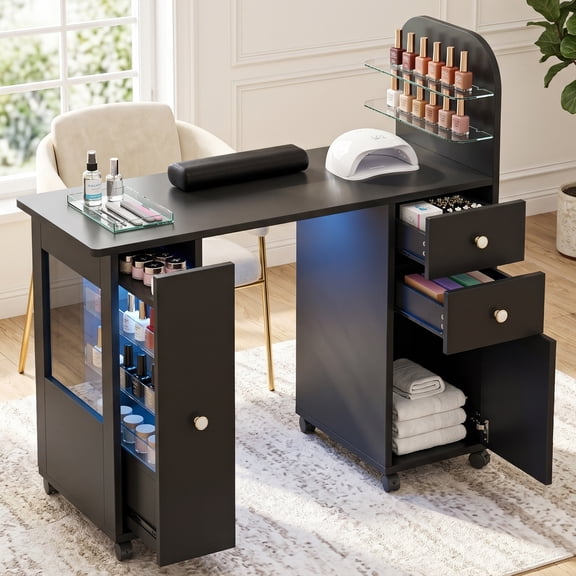 Nail Desk for Nail Tech with Lockable Wheels, Rolling Manicure Table w/LED Light Display Cabinet , Storage Drawers, Dust Collector, Wrist Rest for Beauty Salon, Spa & Home