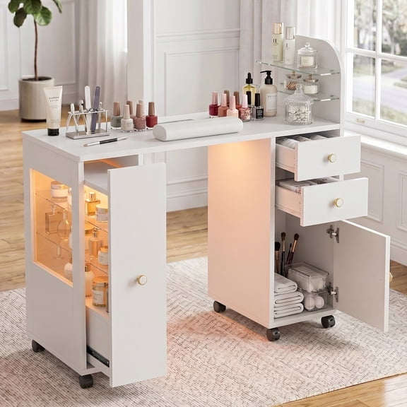 Nail Desk for Nail Tech with Lockable Wheels, Rolling Manicure Table w/LED Light Display Cabinet , Storage Drawers, Dust Collector, Wrist Rest for Beauty Salon, Spa & Home