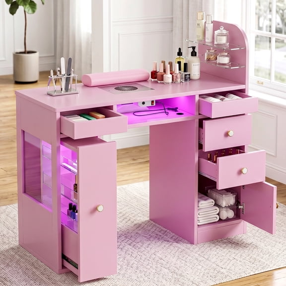 Nail Desk for Nail Tech with Lockable Wheels, Rolling Manicure Table w/LED Light Display Cabinet , Storage Drawers, Wrist Cushion for Beauty Salon, Spa & Home